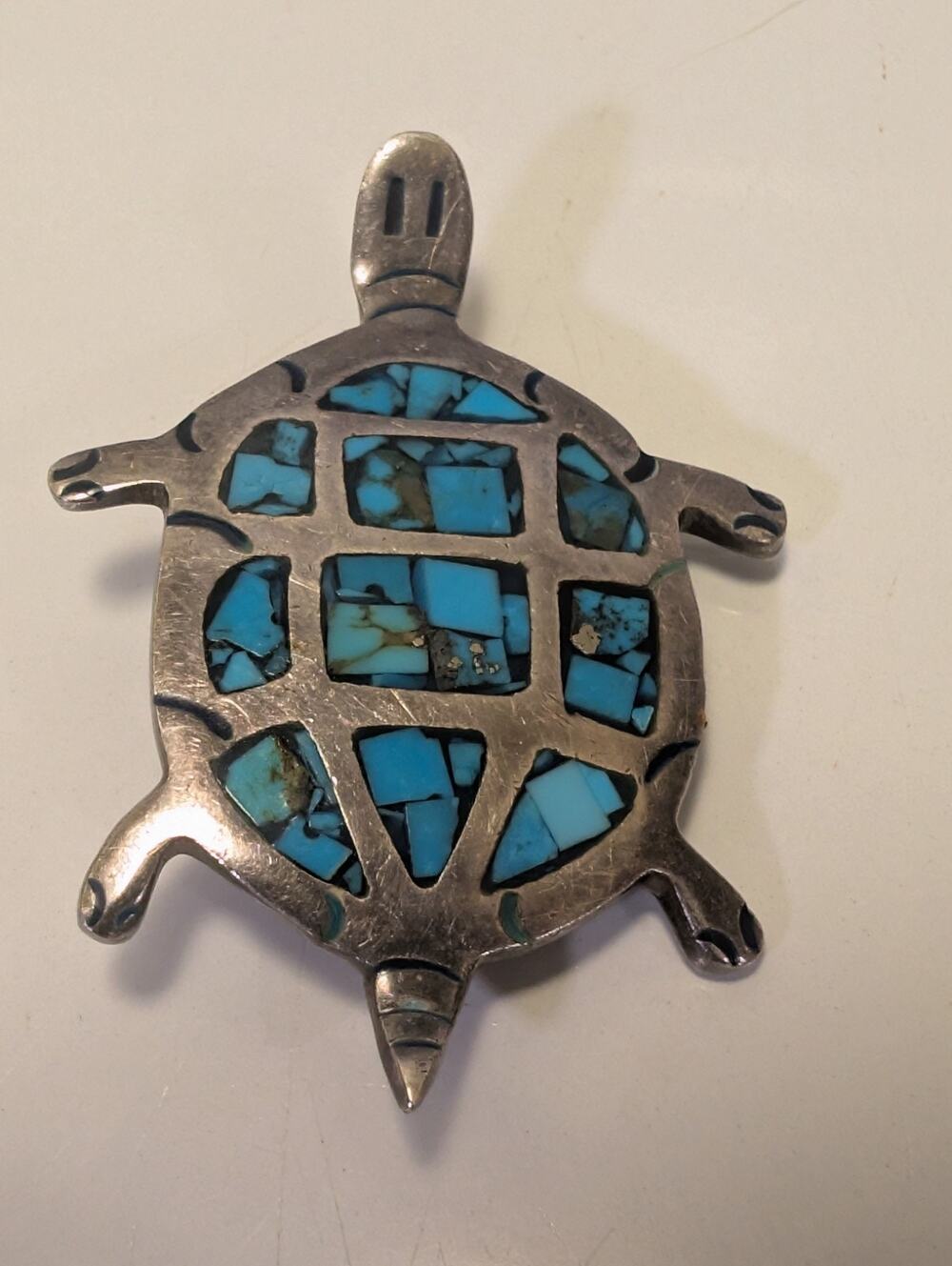 Vintage Taxco Mexico Sterling Silver Turquoise Inla Turtle Brooch Pin 925 TR-161